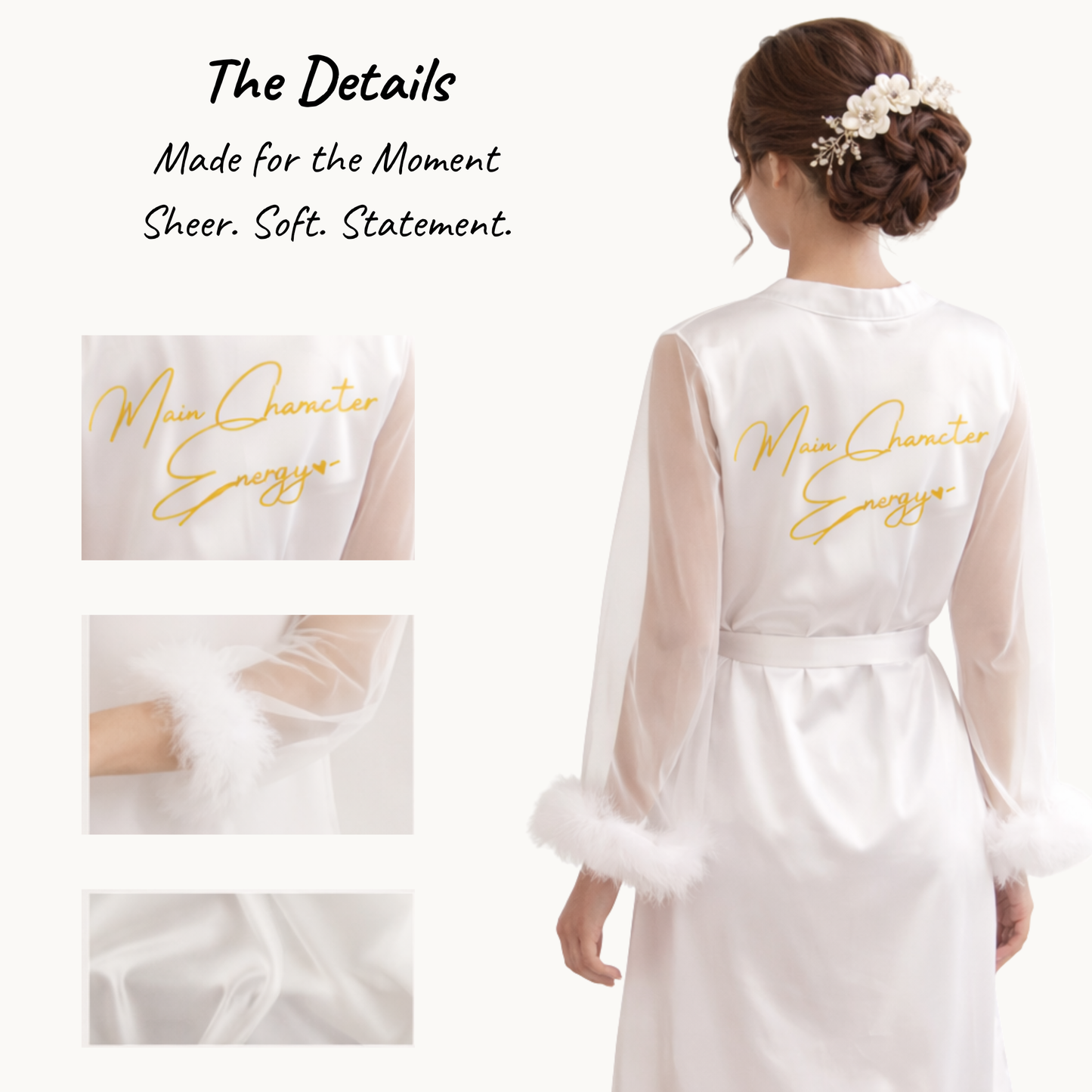 Main Character Energy: Feather Sleeve Bridal Robe with Statement Back Print