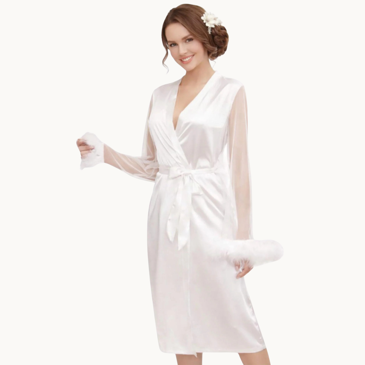 Main Character Energy: Feather Sleeve Bridal Robe with Statement Back Print