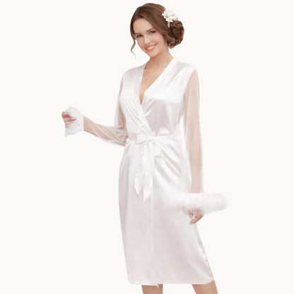 Main Character Energy: Feather Sleeve Bridal Robe with Statement Back Print
