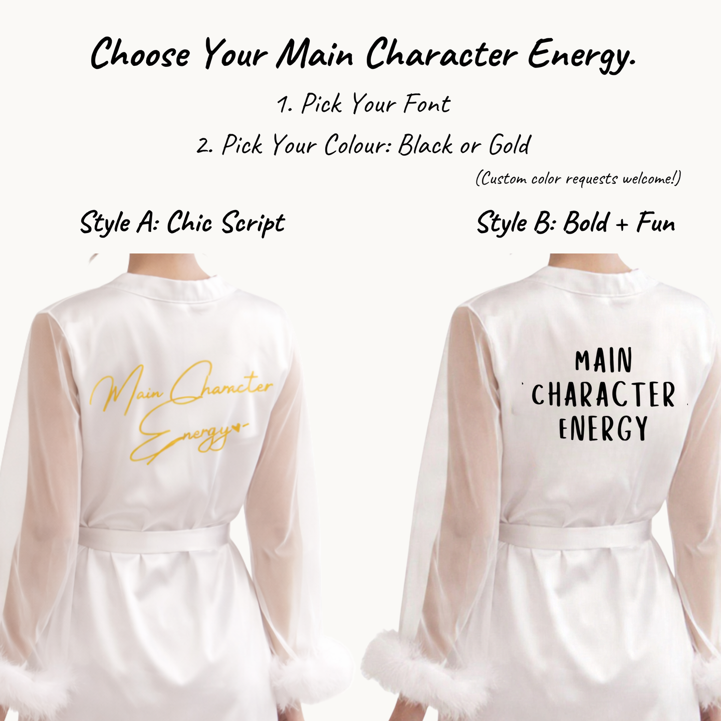 Main Character Energy: Feather Sleeve Bridal Robe with Statement Back Print