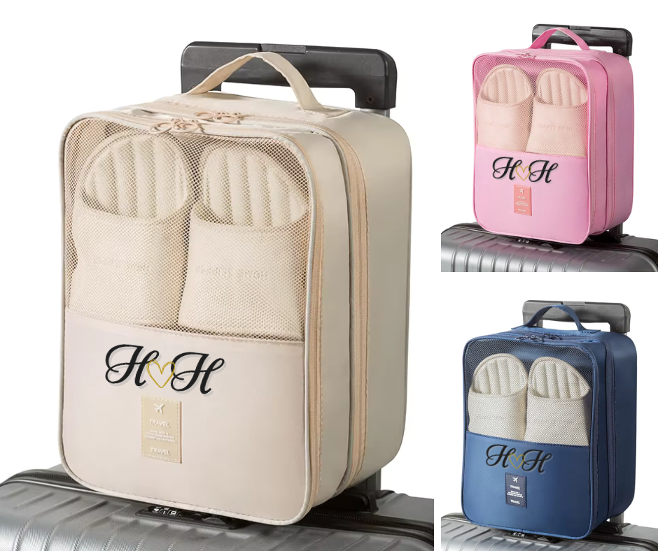 Three travel shoe bags in beige, pink, and blue on suitcases with 'Hitch House' branding.