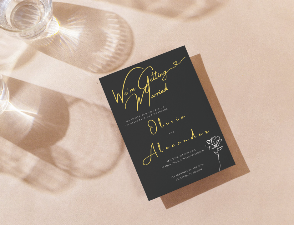 Wedding invitation card with gold text editable