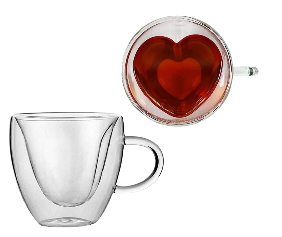 Clear glass double walled Heart mug with heart-shaped design on a white background