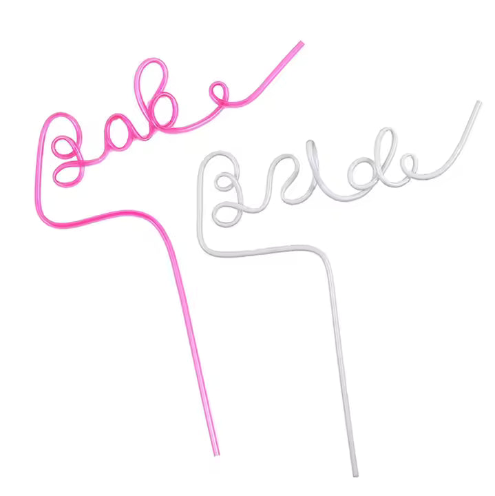 bachelorette straws 'Bride' and 'Babe' text on a white background
