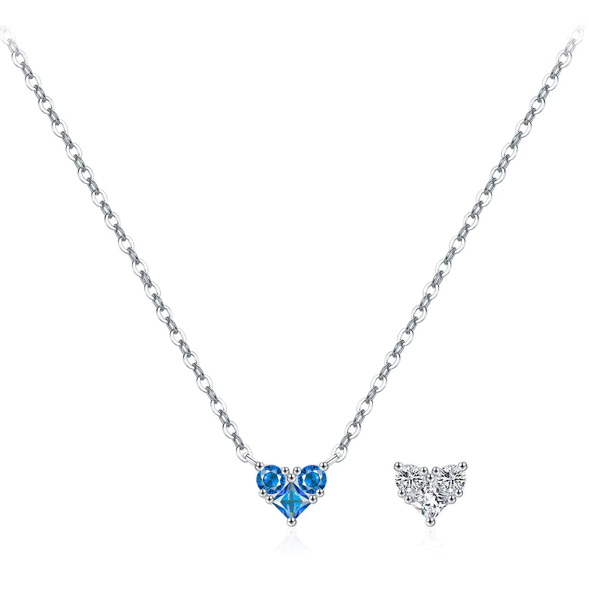 Silver necklace with blue gemstone heart-shaped pendant  on a white background