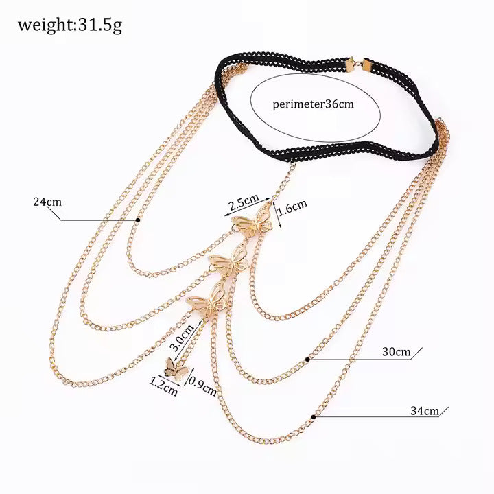 Gold butterfly chain garter with measurements on a white background