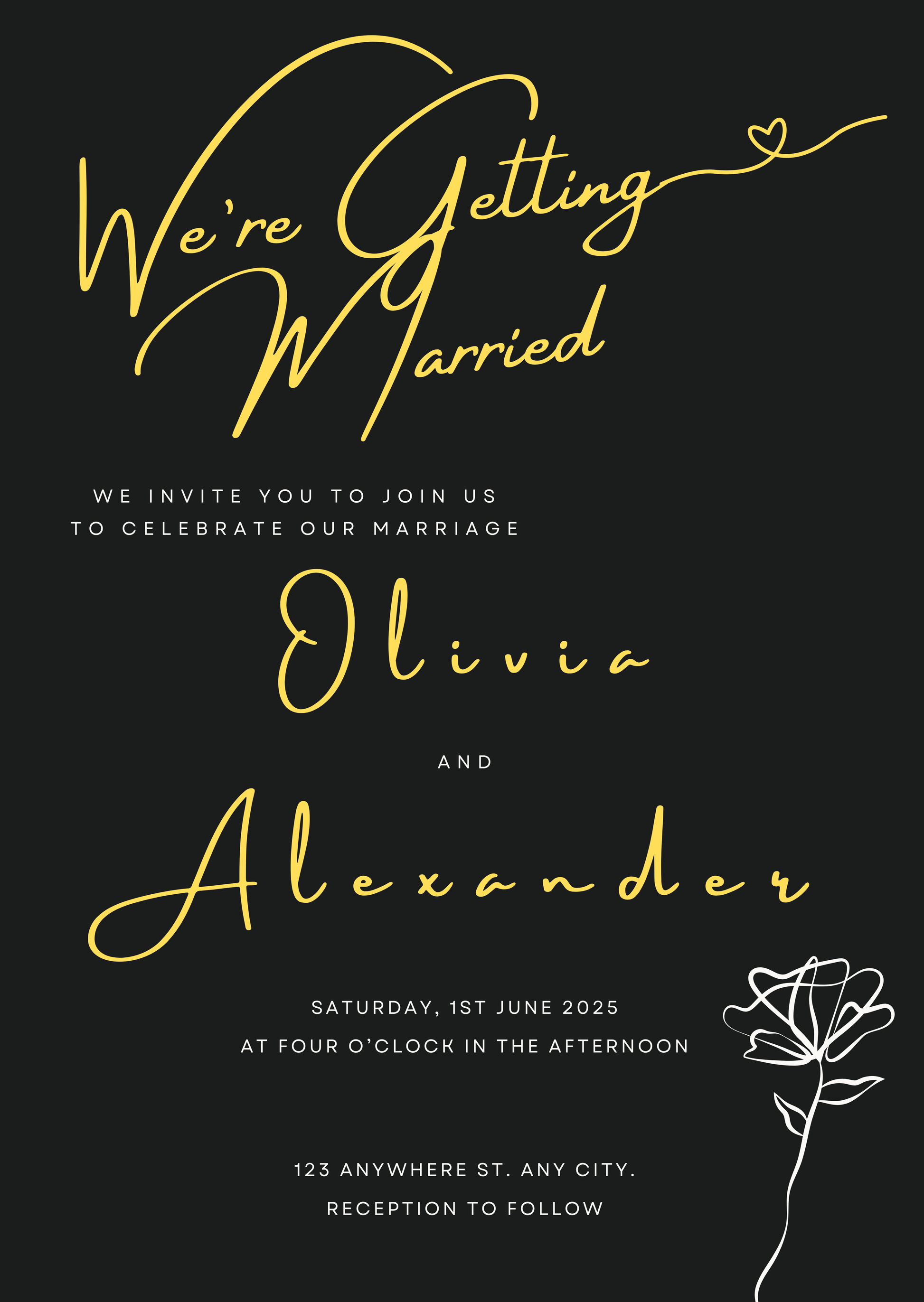 Customisable Wedding invitation card with gold text on a black background