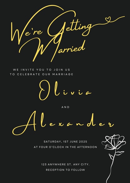 Customisable Wedding invitation card with gold text on a black background