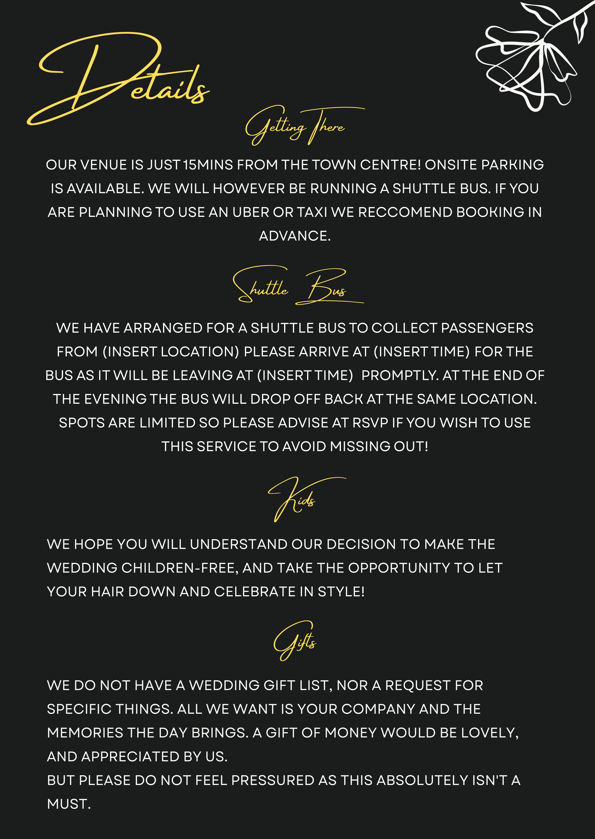 Custom Wedding details card with gold text on a black background