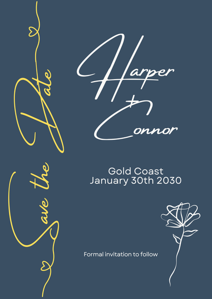 Save the date card with personalized names and event details on a dark blue background.