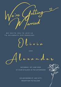 Personalised/custom Wedding invitation card with gold text on a blue background