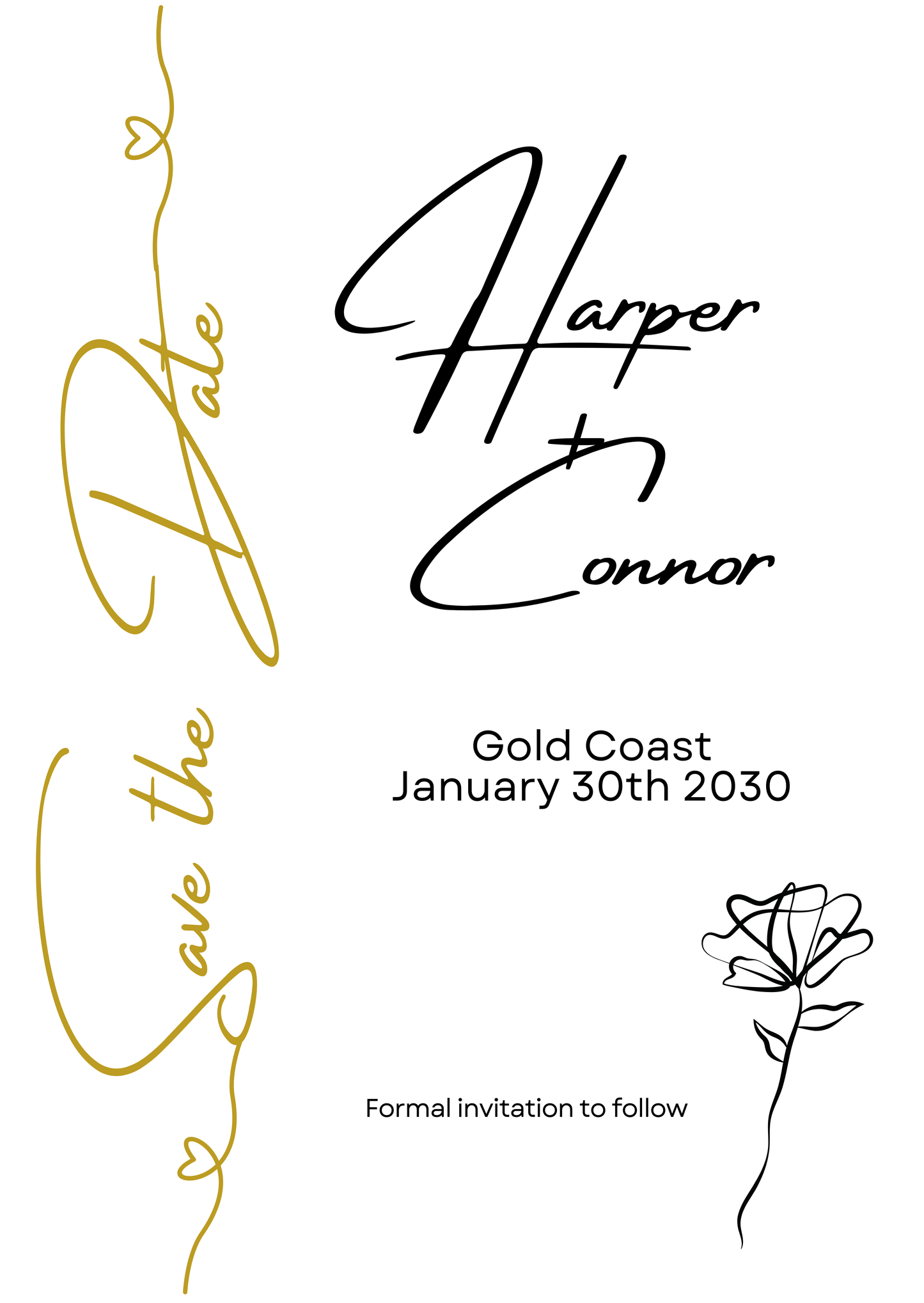 Editable Save the date card with gold and black design elements on a white background