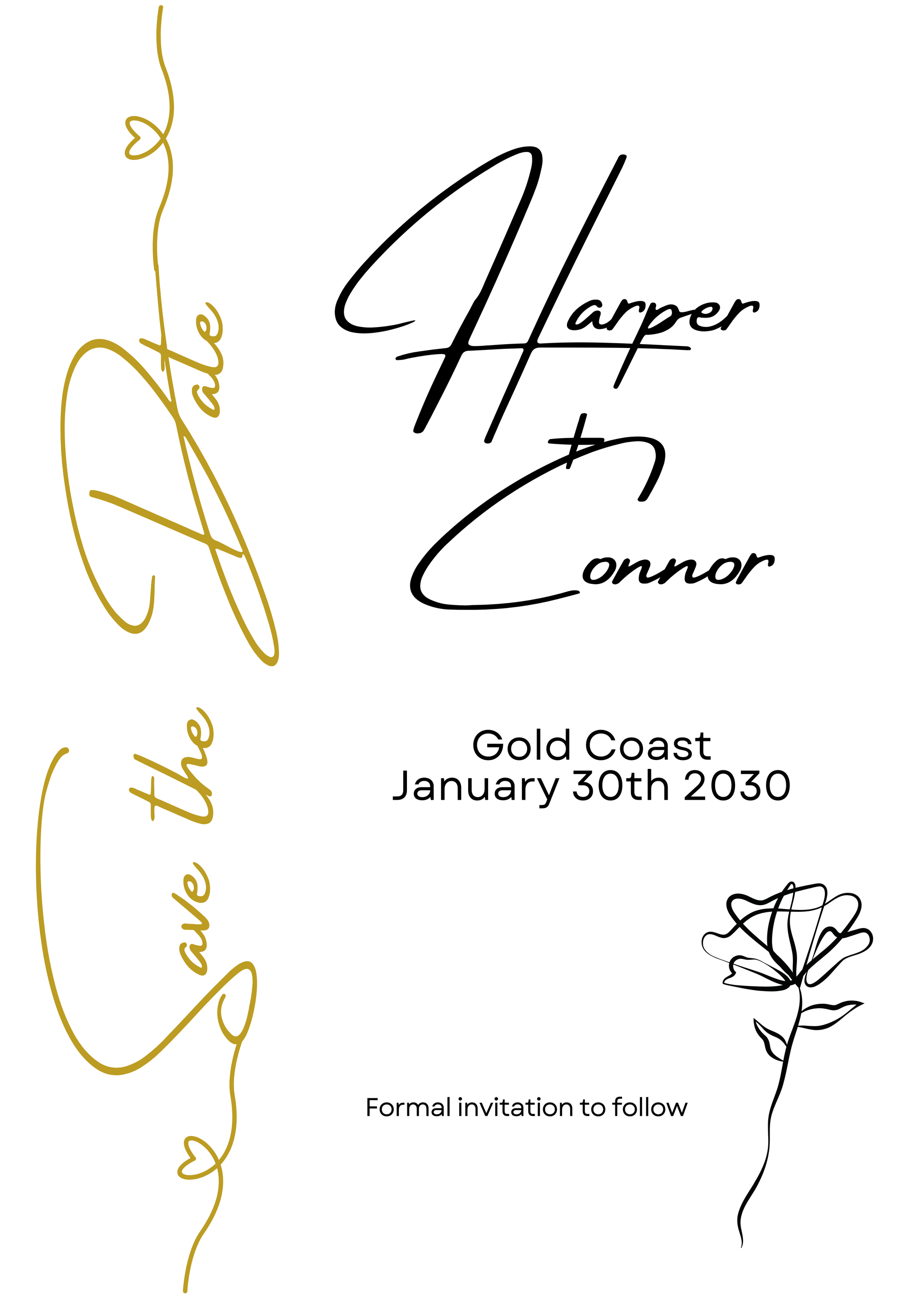 Editable Save the date card with gold and black design elements on a white background