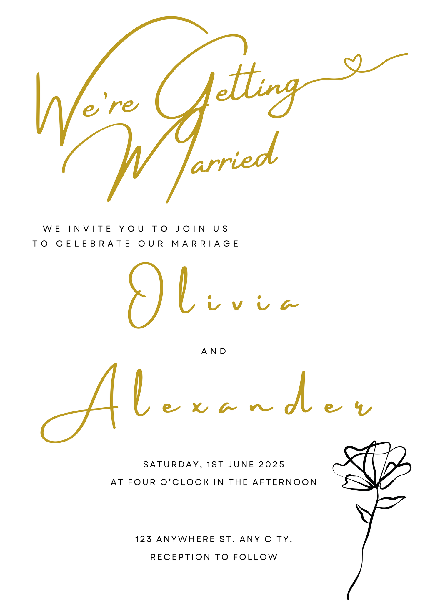 Custom Wedding invitation card with gold text on a white background