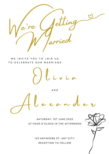 Custom Wedding invitation card with gold text on a white background