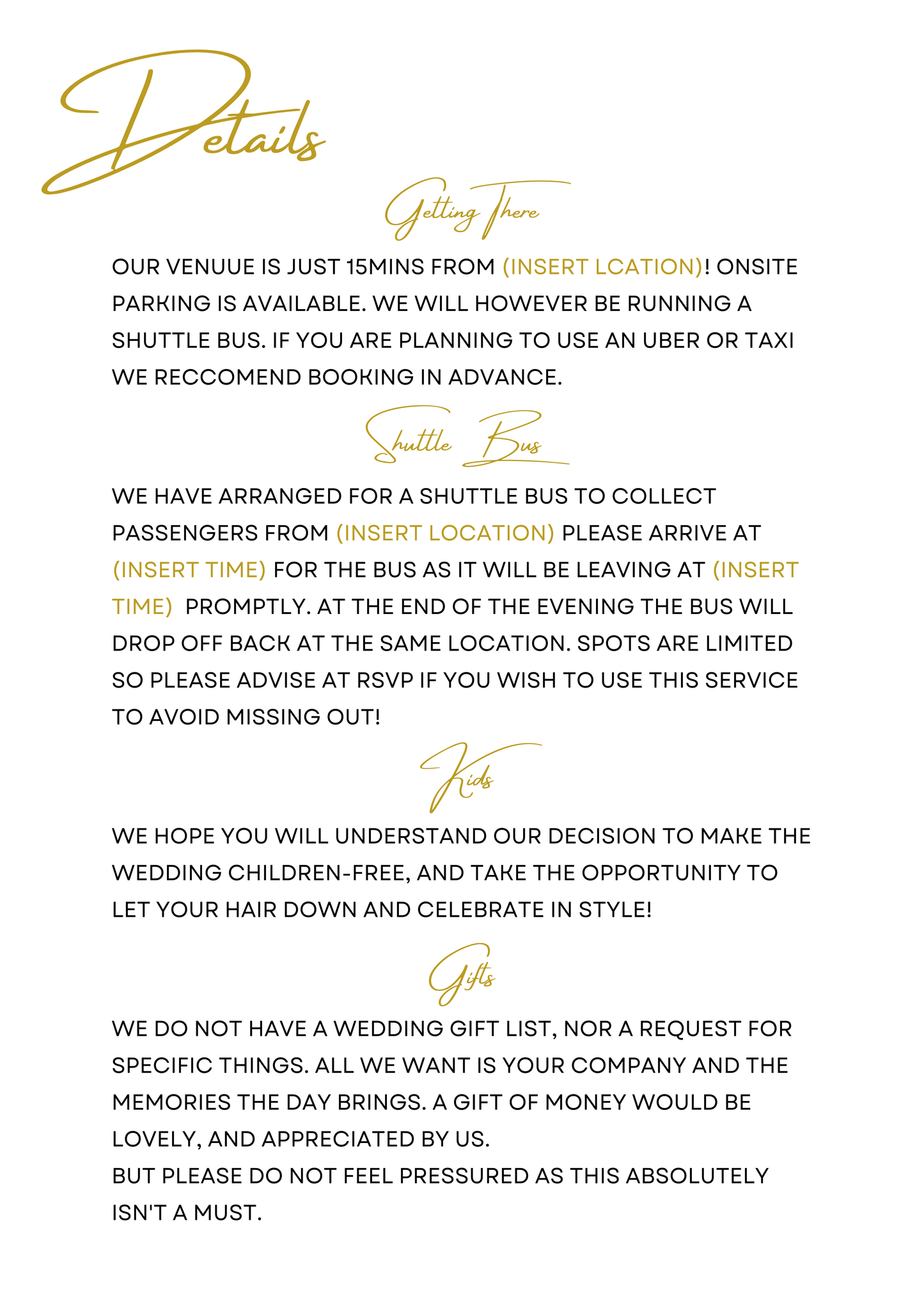 Wedding invite details card with a gold decorative element on a white background