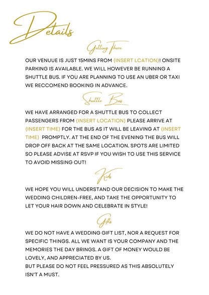 Wedding invite details card with a gold decorative element on a white background