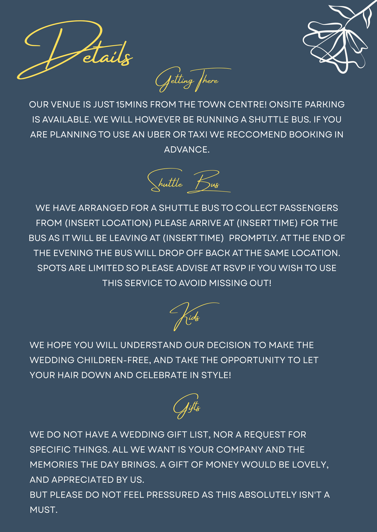 Wedding venue details with a blue background and gold text.