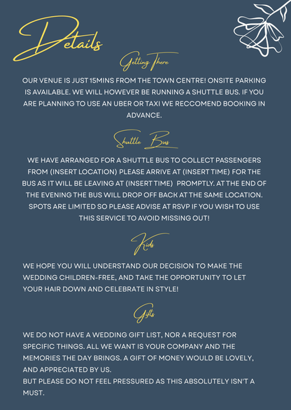 Wedding venue details with a blue background and gold text.