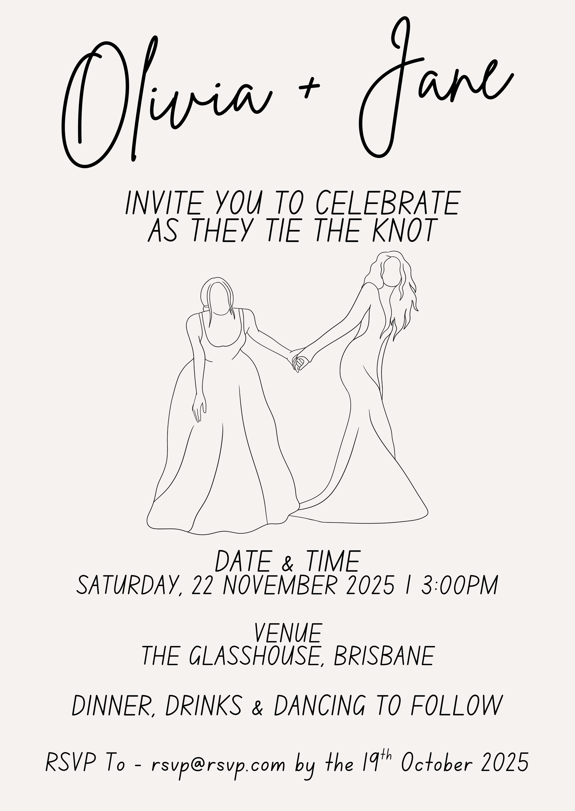 Wedding invitation card with line drawing of two women holding hands and text details.
