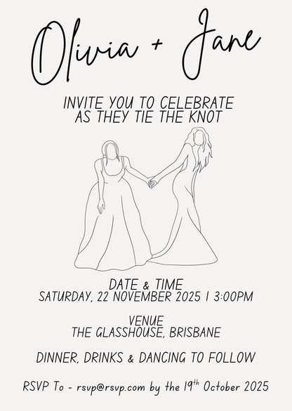 Wedding invitation card with line drawing of two women holding hands and text details.