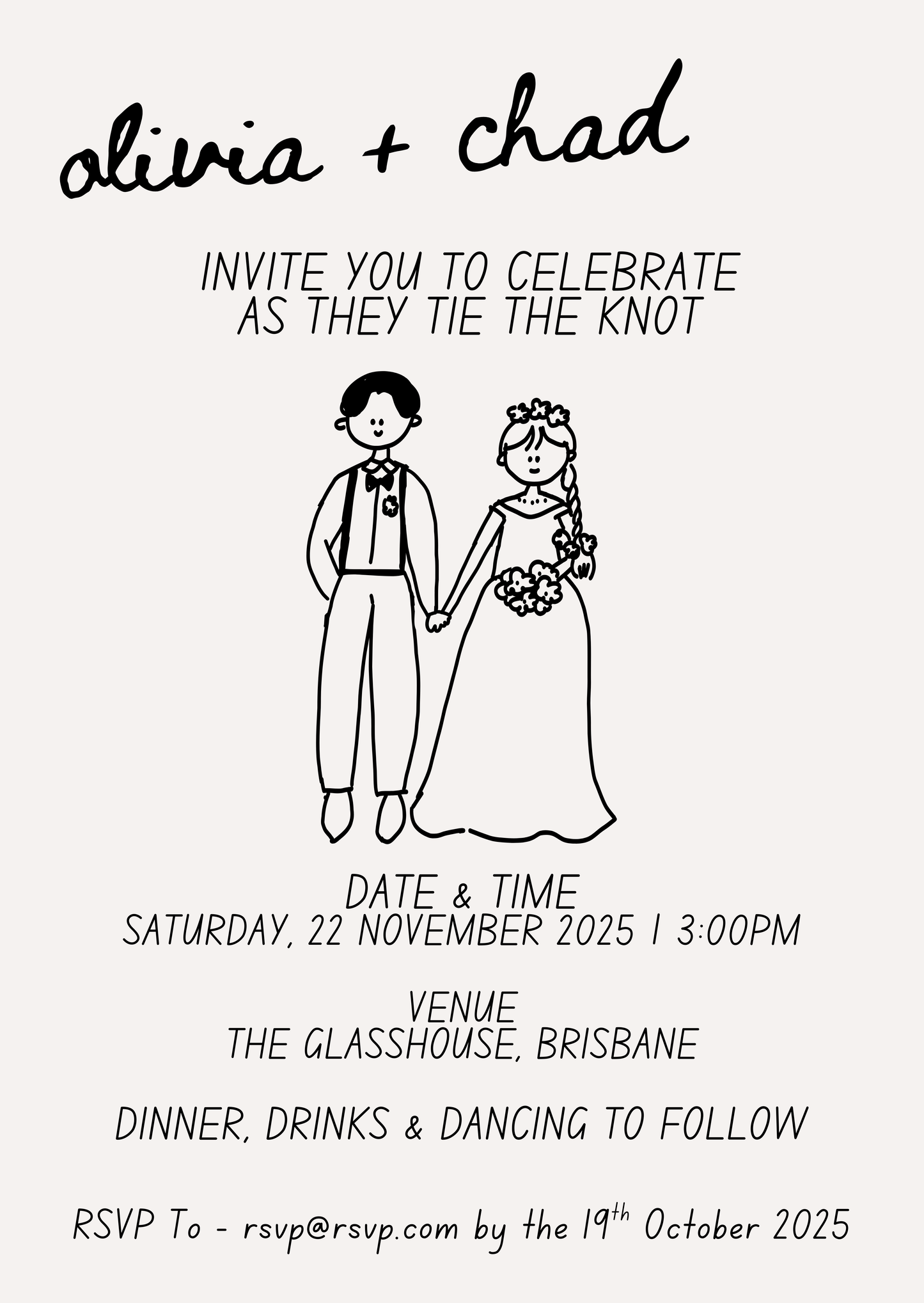 Wedding invitation with black line art of a couple and text details on a white background