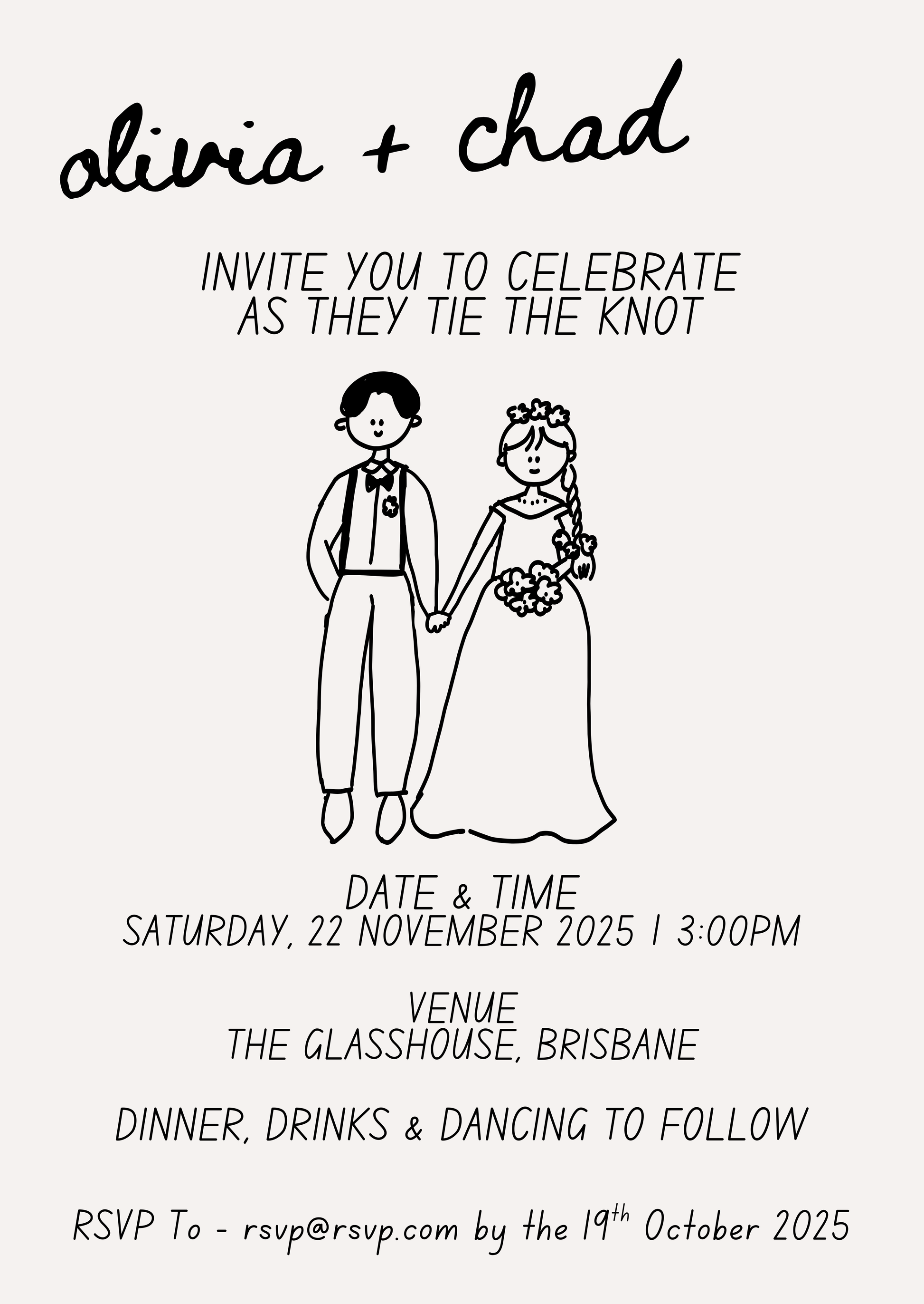 Wedding invitation with black line art of a couple and text details on a white background