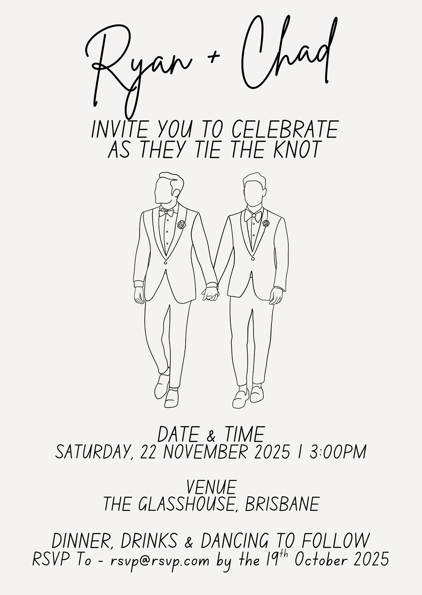 Wedding invitation card with two men in suits holding hands, text details, and event information.