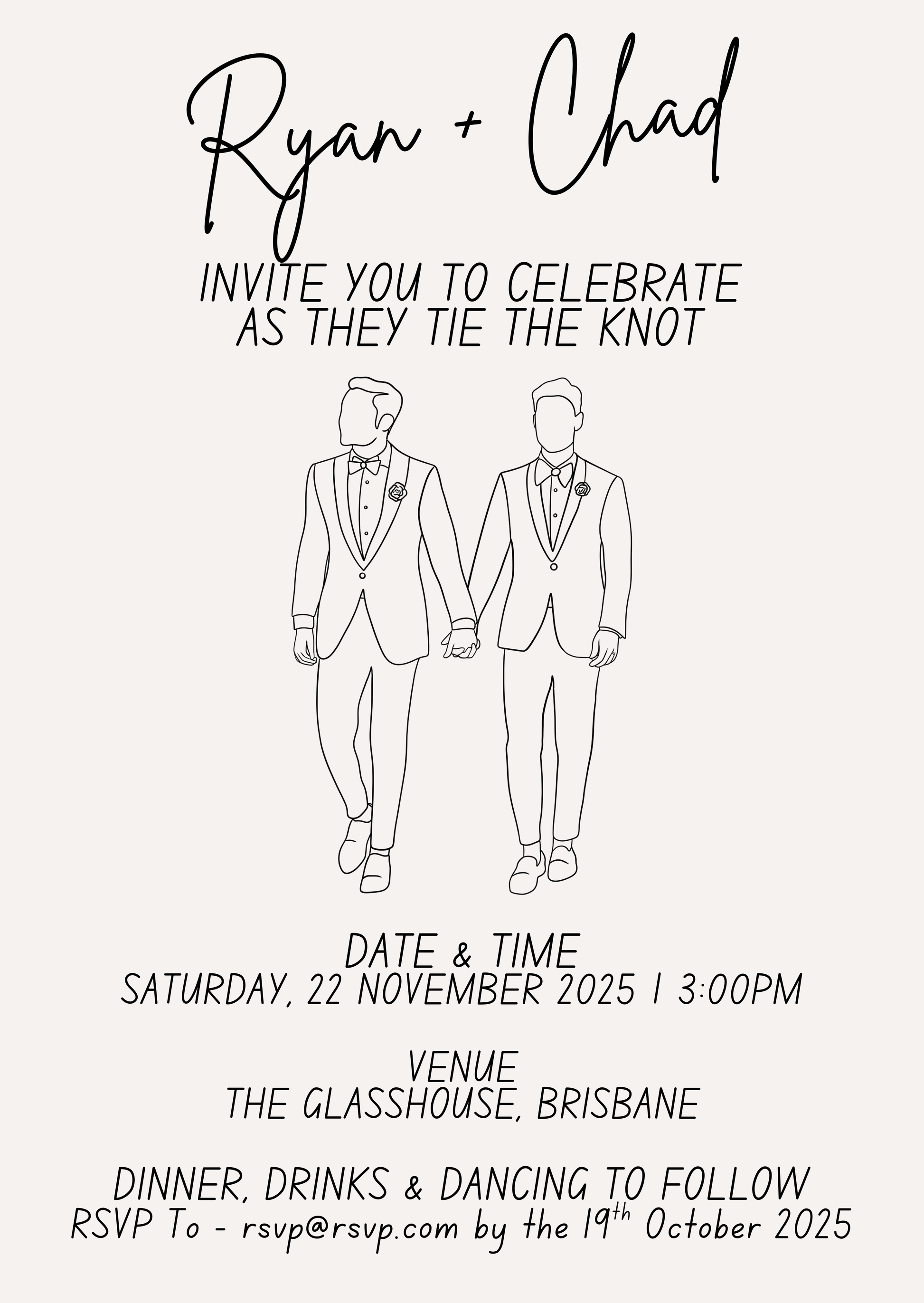 Wedding invitation card with two men in suits holding hands, text details, and event information.