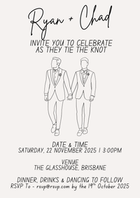 Wedding invitation card with two men in suits holding hands, text details, and event information.