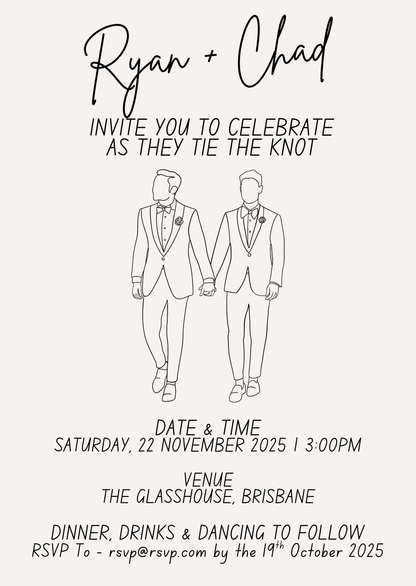 Wedding invitation card with two men in suits holding hands, text details, and event information.