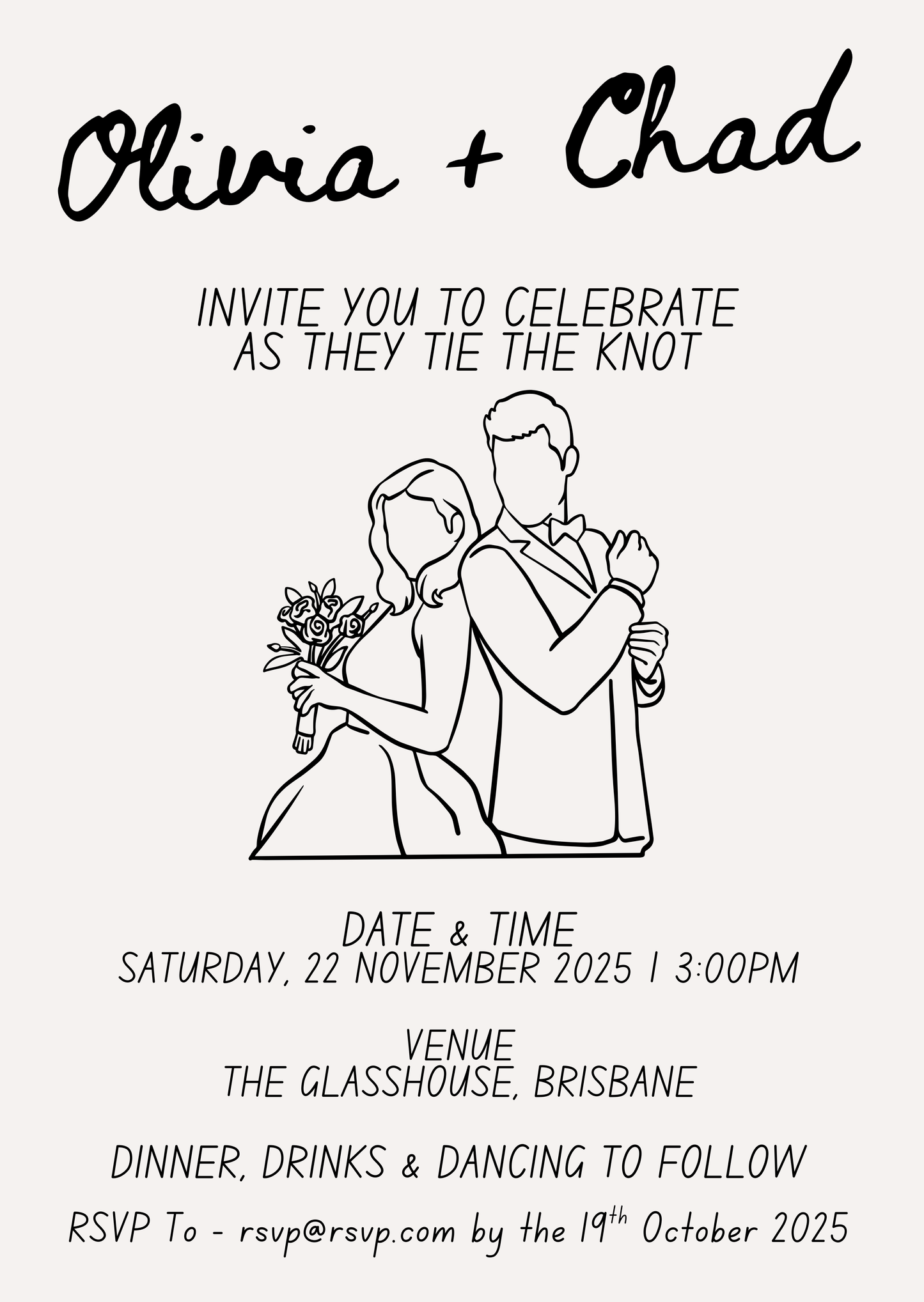 Wedding invitation with line drawing of a couple and text details on a white background