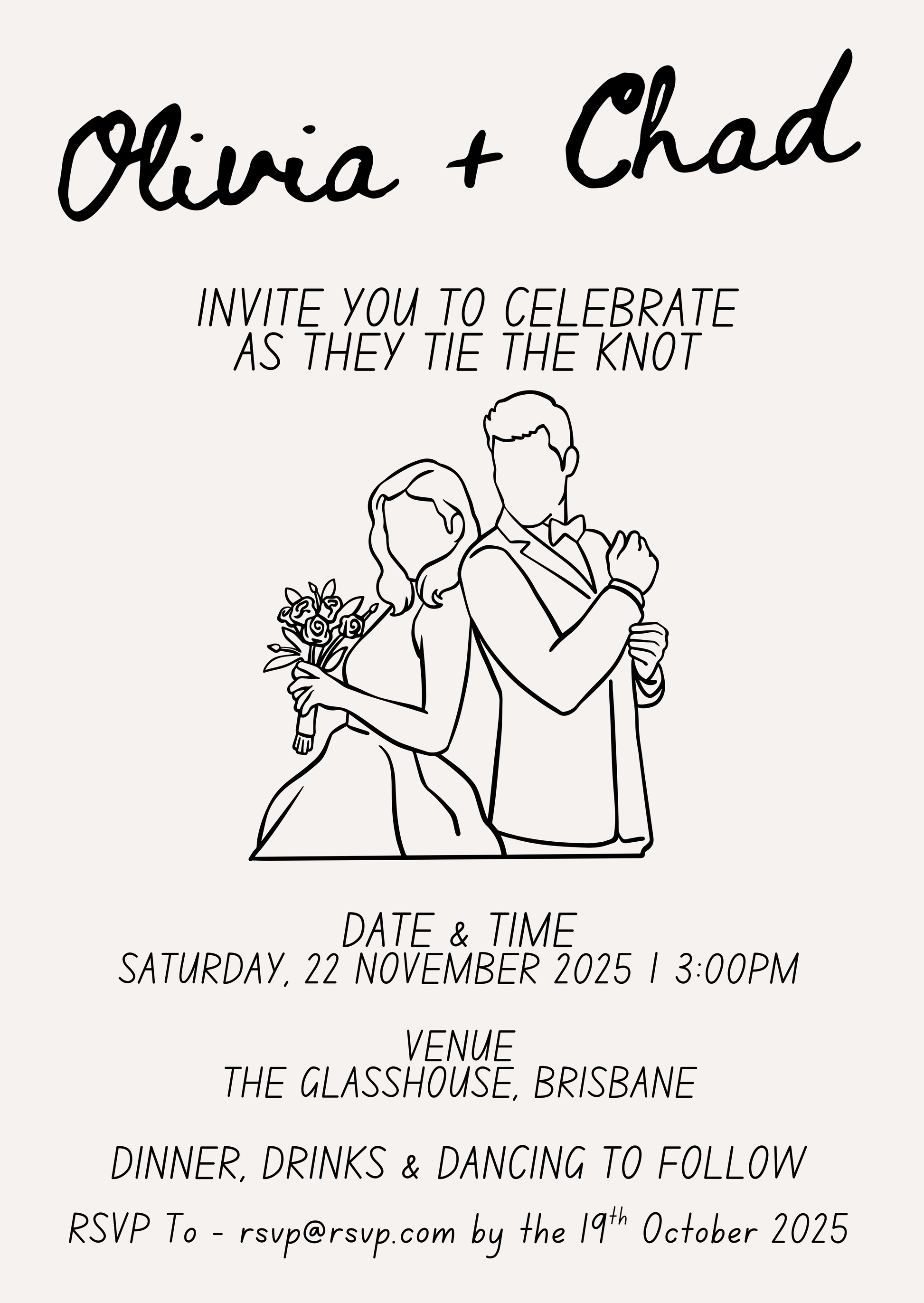 Wedding invitation with line drawing of a couple and text details on a white background