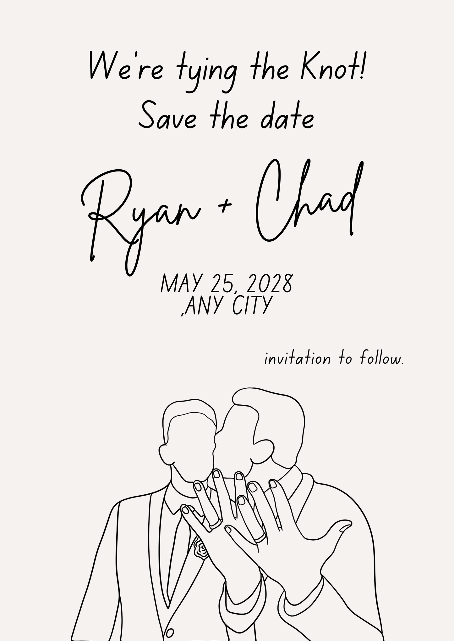 Save the date card with line drawing of two men kissing and showing their ring hands and text 'We're tying the knot! Save the date'