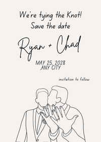 Save the date card with line drawing of two men kissing and showing their ring hands and text 'We're tying the knot! Save the date'