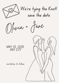 Editable Save the date card with a line drawing of two women holding hands, 