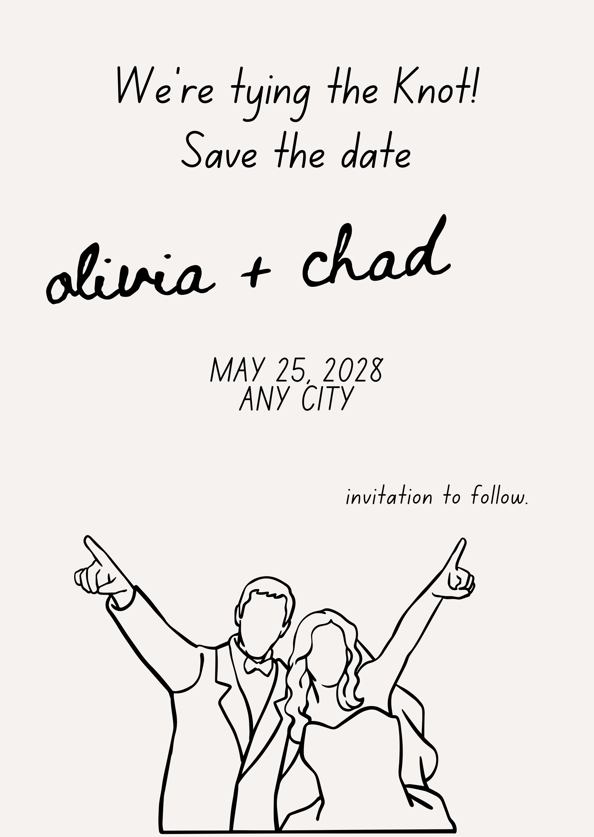 Editable Downloadable Save the date card with a couple celebrating, text 'We're tying the knot!'