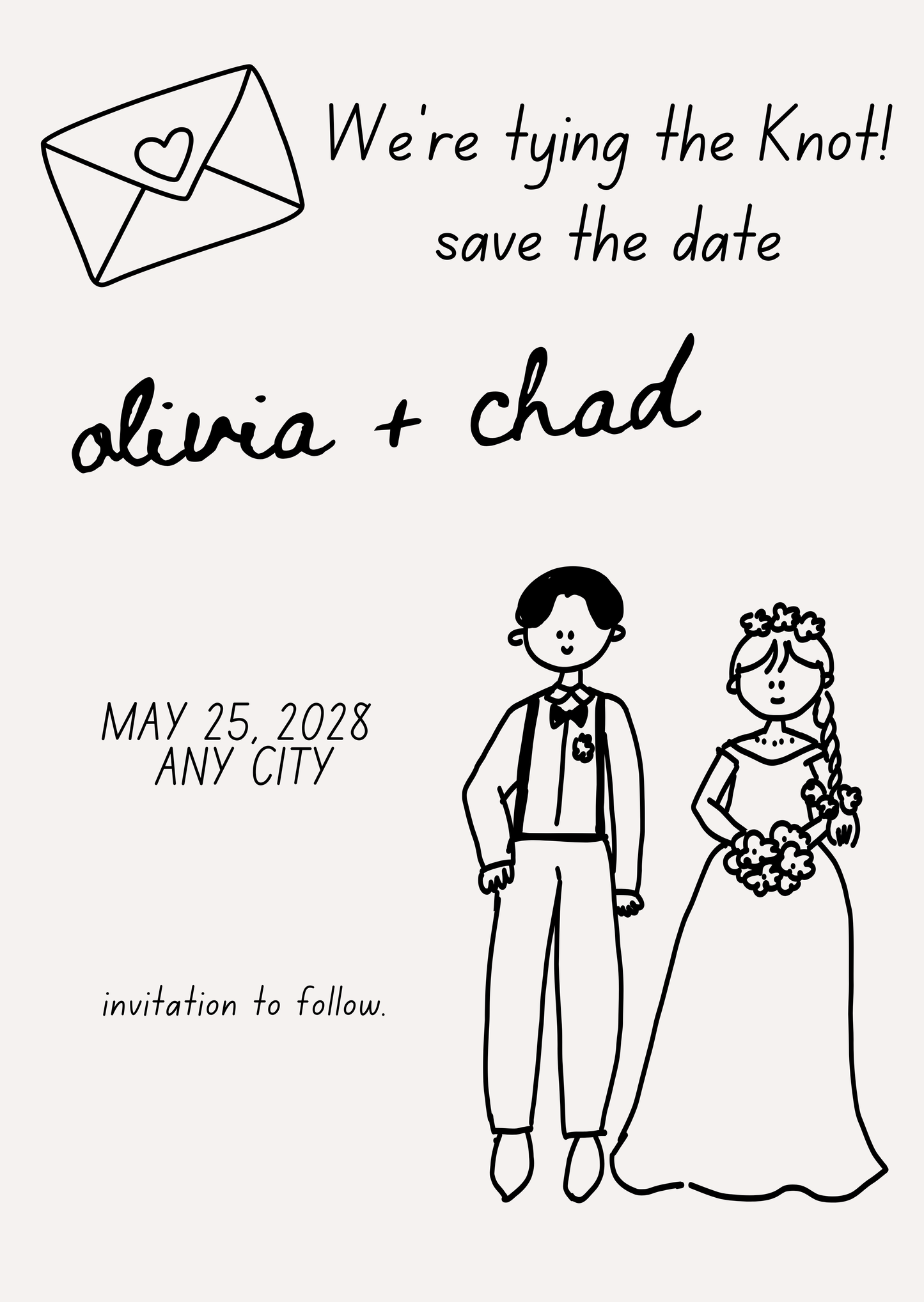 Save the date card with a black and white illustration of a couple and text 'We're tying the knot! save the date 
