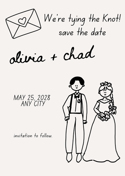 Save the date card with a black and white illustration of a couple and text 'We're tying the knot! save the date 