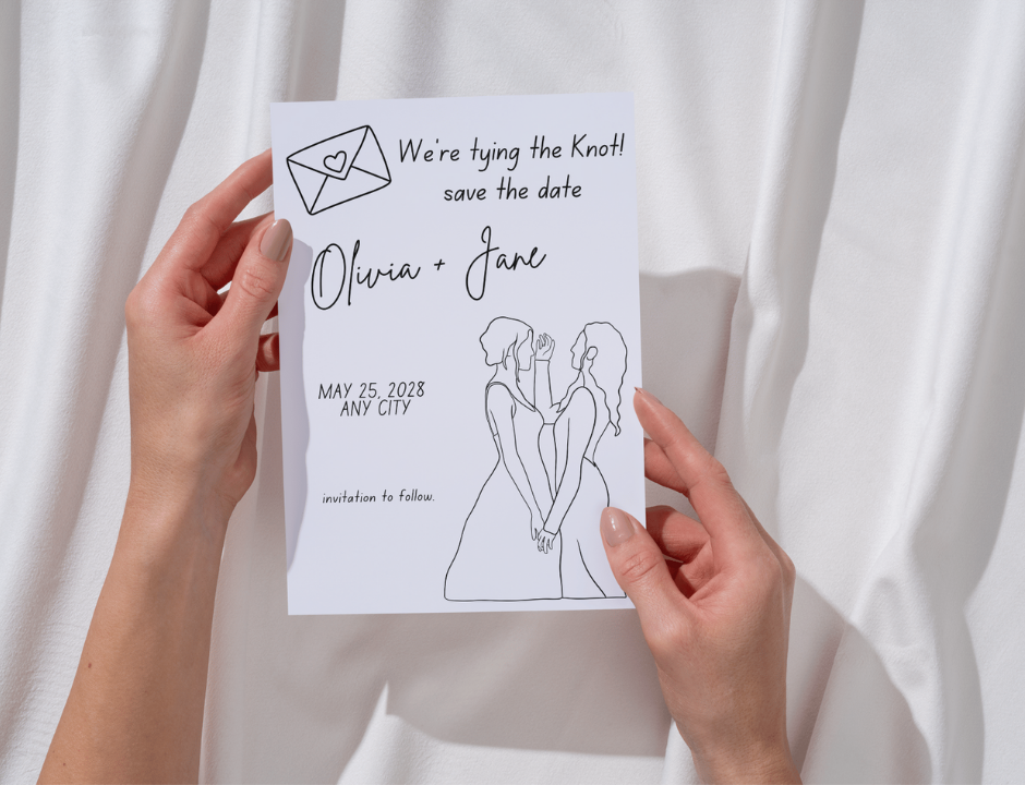 Hands holding a 'We're tying the knot! save the date' card with line drawings of two women, against a white curtain background.