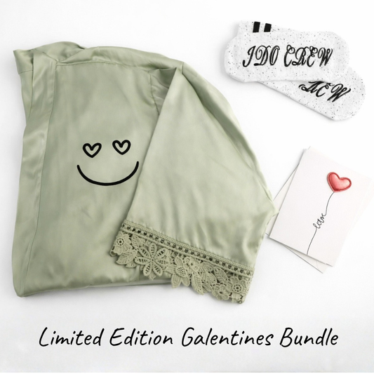 Folded satin robe with lace trim and I do crew socks and card  on a white background, labeled 'Limited Edition Galventines Bundle'.