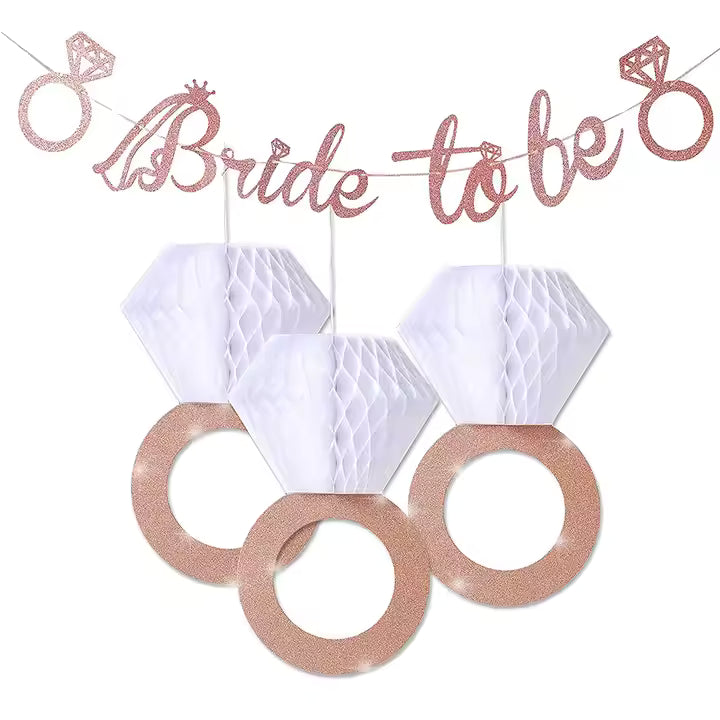 Decorative banner with 'Bride to be' text and diamond ring shapes on a white background