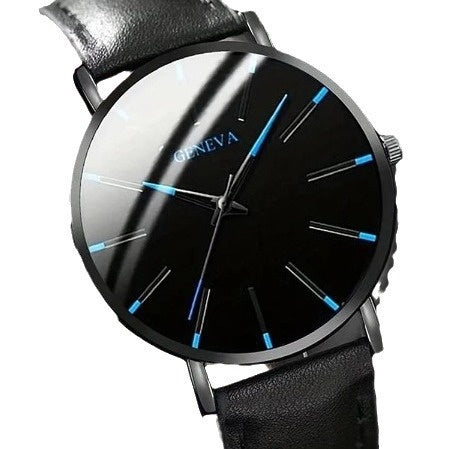 Black Geneva watch with blue accents on a white background