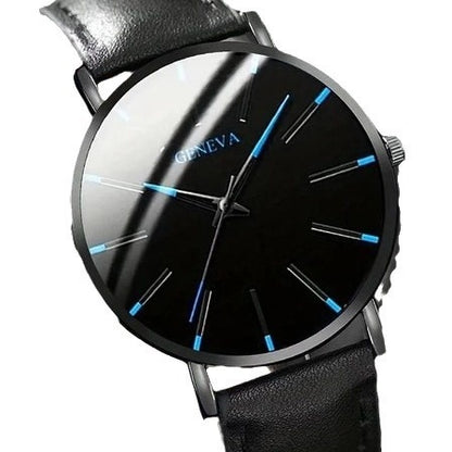 Black Geneva watch with blue accents on a white background