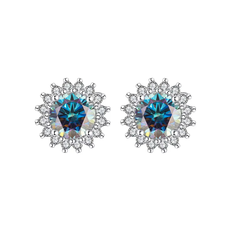 Pair of something blue sunflower earrings with blue moissanite stones  on a white background
