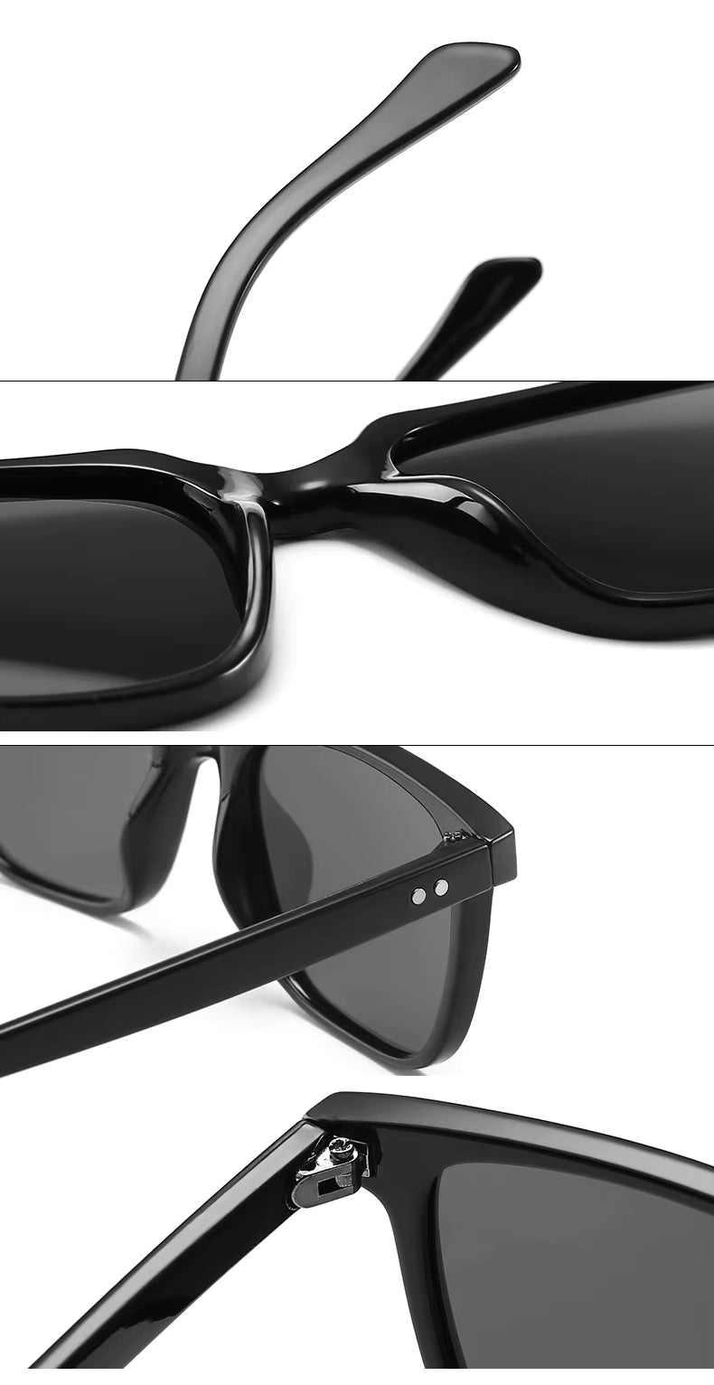 Black sunglasses with a close-up of the frame and lenses on a white background