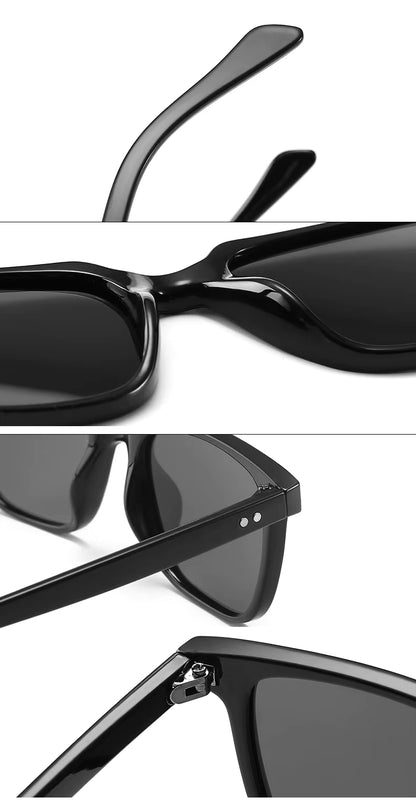 Black sunglasses with a close-up of the frame and lenses on a white background