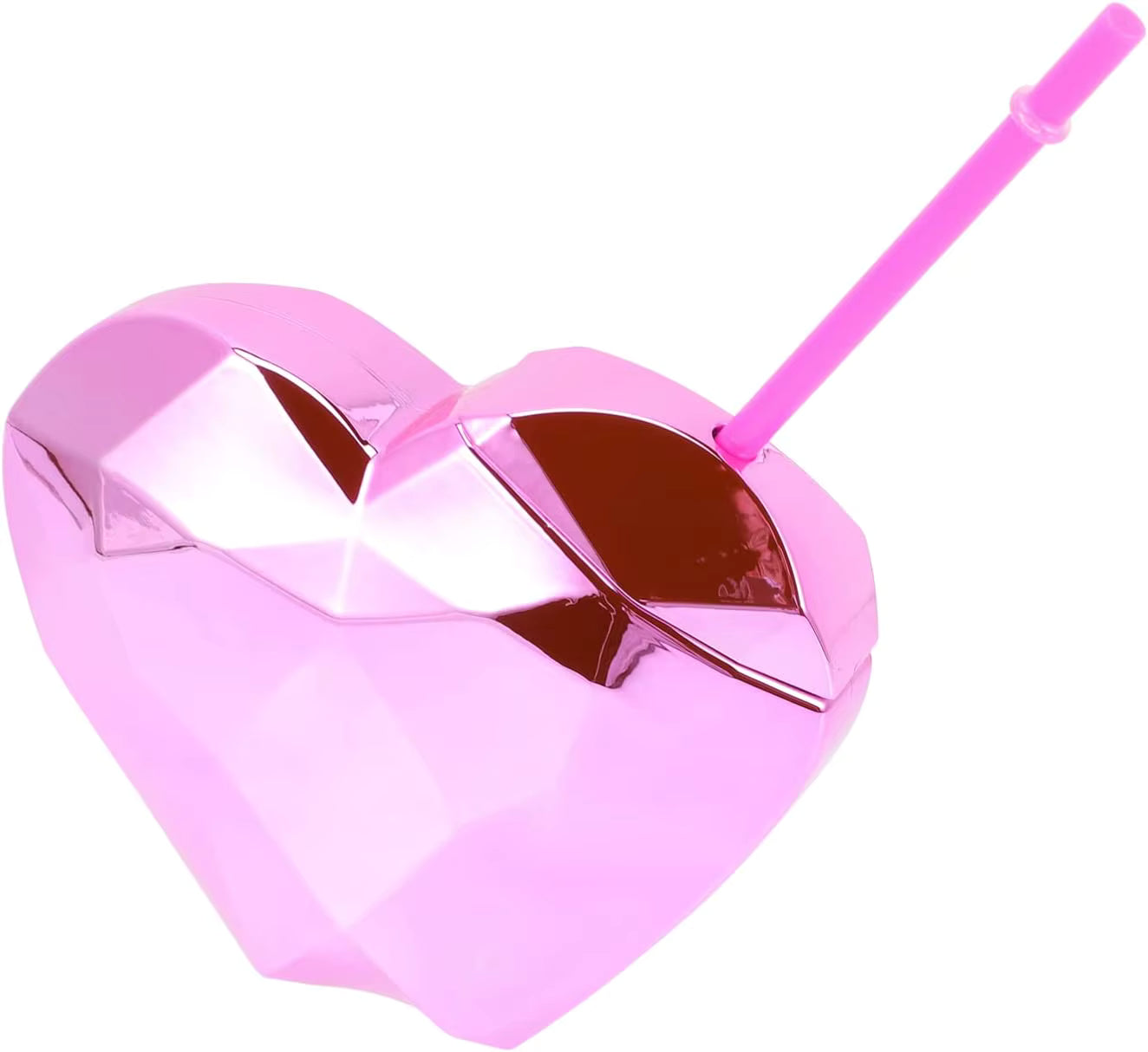 Pink heart-shaped tumbler with a straw on a white background
