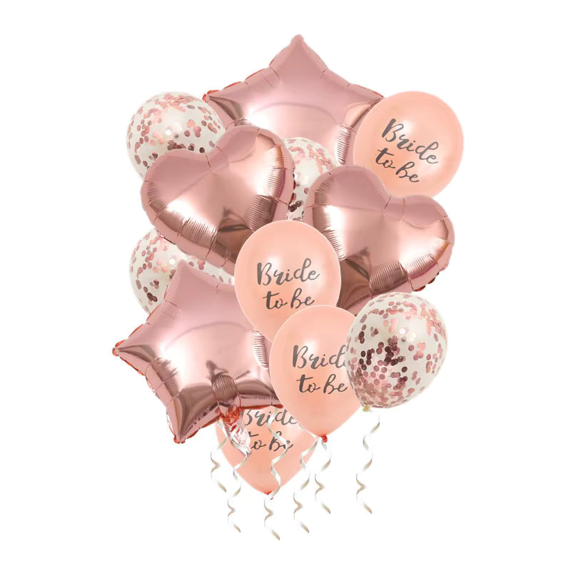 Bouquet of rose gold balloons with 'Bride to be' text on a white background
