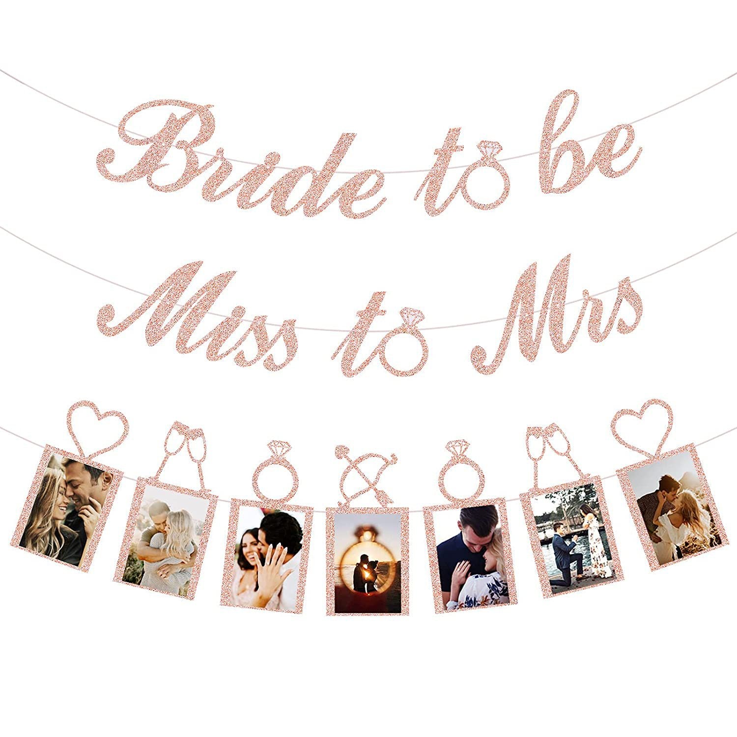 Rose gold 'Bride to be Miss to Mrs' banner with photo squares on a white background